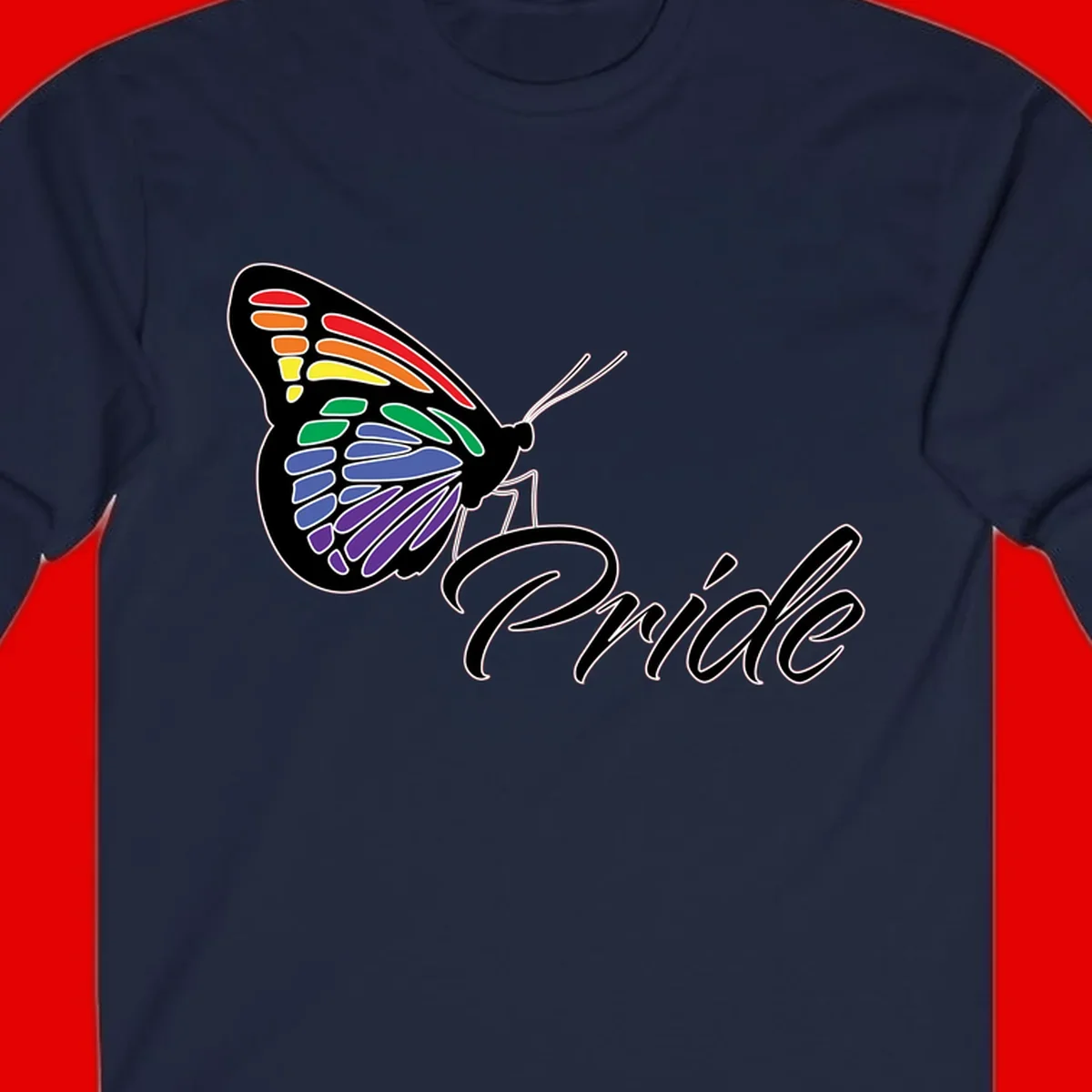 Pride butterfly illustration with rainbow-colored wings in red, orange, yellow, green, blue, and purple gradient with 'Pride' text