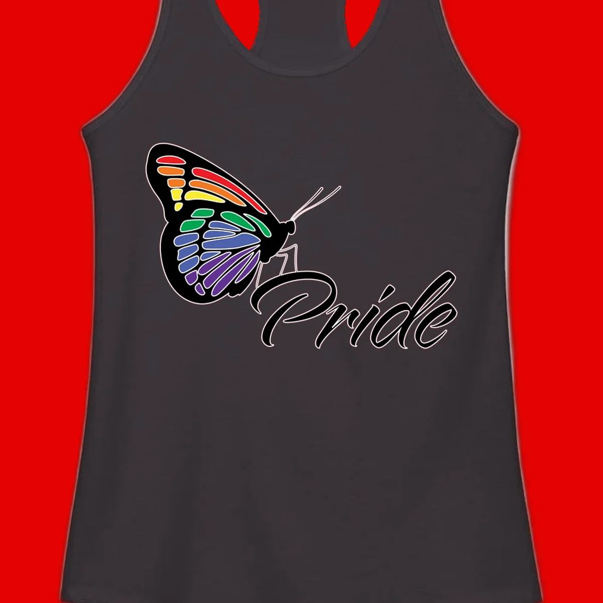 Pride butterfly illustration with rainbow-colored wings in red, orange, yellow, green, blue, and purple gradient with 'Pride' text