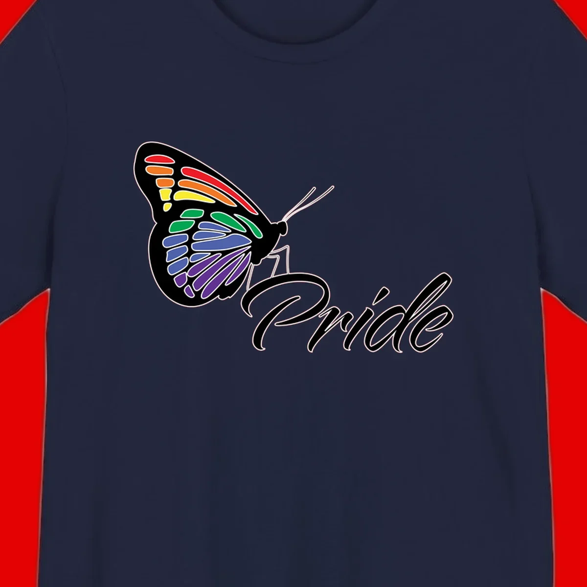 Pride butterfly illustration with rainbow-colored wings in red, orange, yellow, green, blue, and purple gradient with 'Pride' text