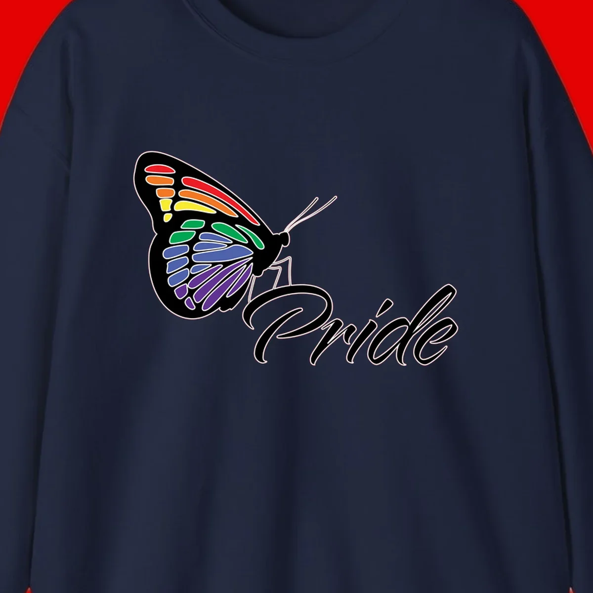 Pride butterfly illustration with rainbow-colored wings in red, orange, yellow, green, blue, and purple gradient with 'Pride' text