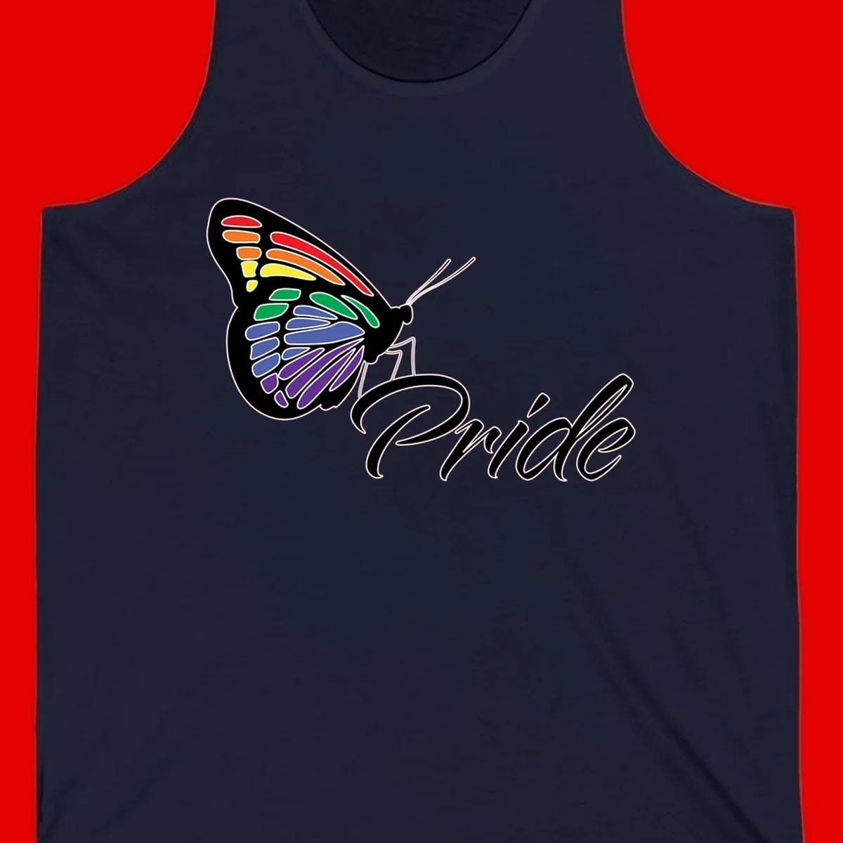 Pride butterfly illustration with rainbow-colored wings in red, orange, yellow, green, blue, and purple gradient with 'Pride' text