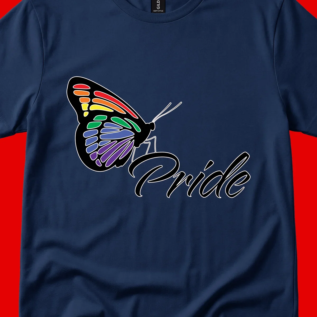 Pride butterfly illustration with rainbow-colored wings in red, orange, yellow, green, blue, and purple gradient with 'Pride' text