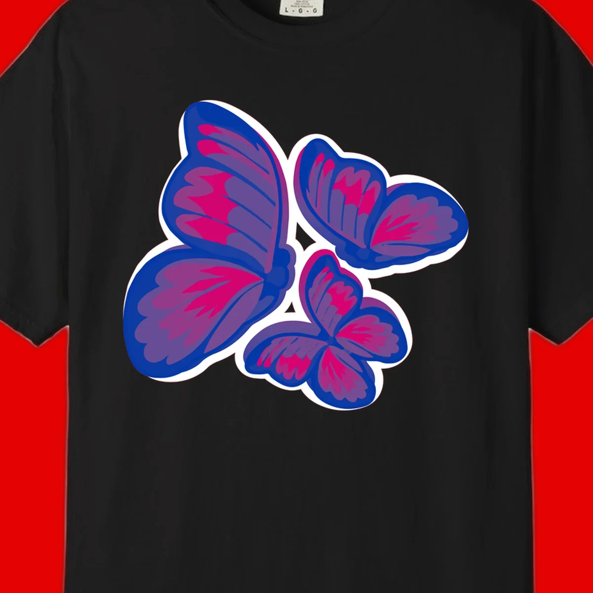 Colorful butterfly sticker design featuring four blue and magenta butterflies with layered wings and gradient shading on gray background