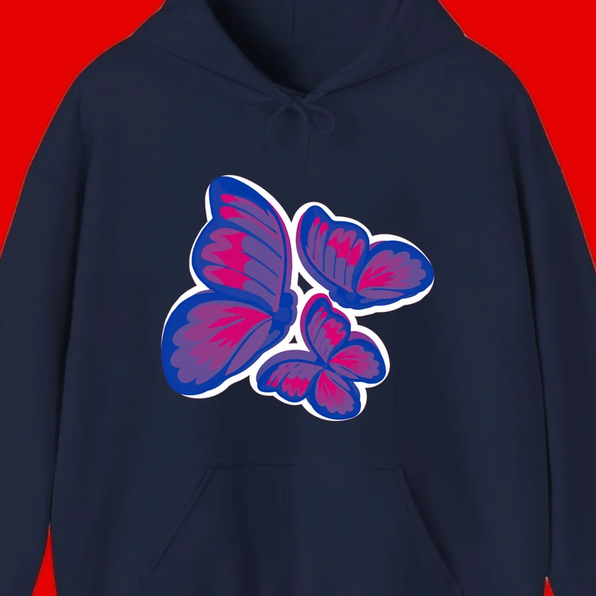 Colorful butterfly sticker design featuring four blue and magenta butterflies with layered wings and gradient shading on gray background