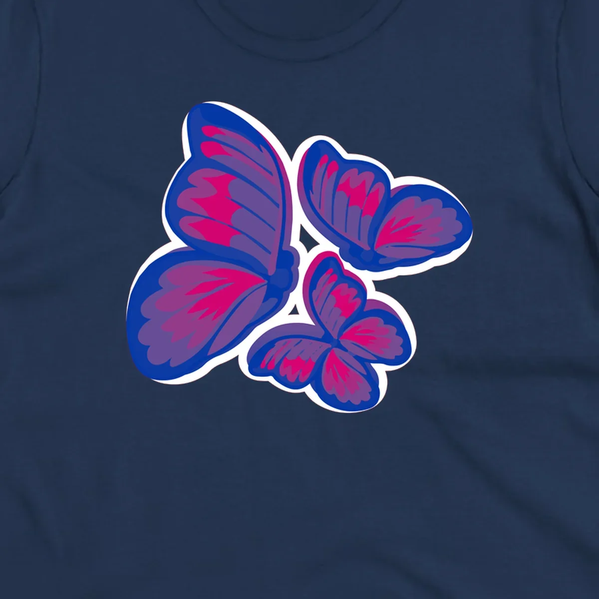 Colorful butterfly sticker design featuring four blue and magenta butterflies with layered wings and gradient shading on gray background