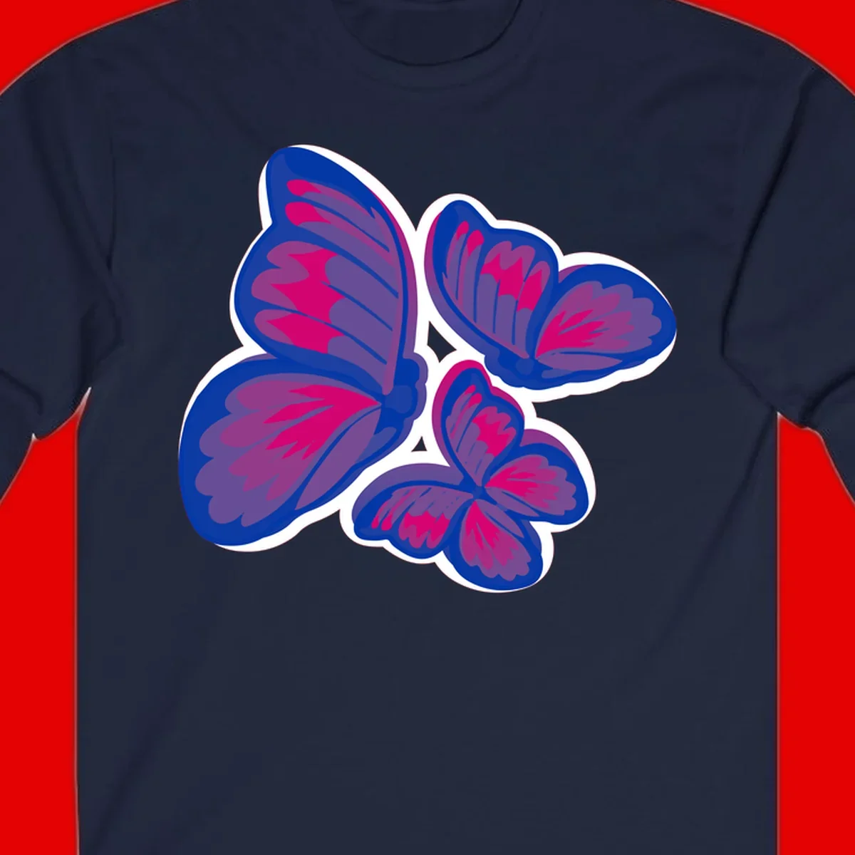 Colorful butterfly sticker design featuring four blue and magenta butterflies with layered wings and gradient shading on gray background