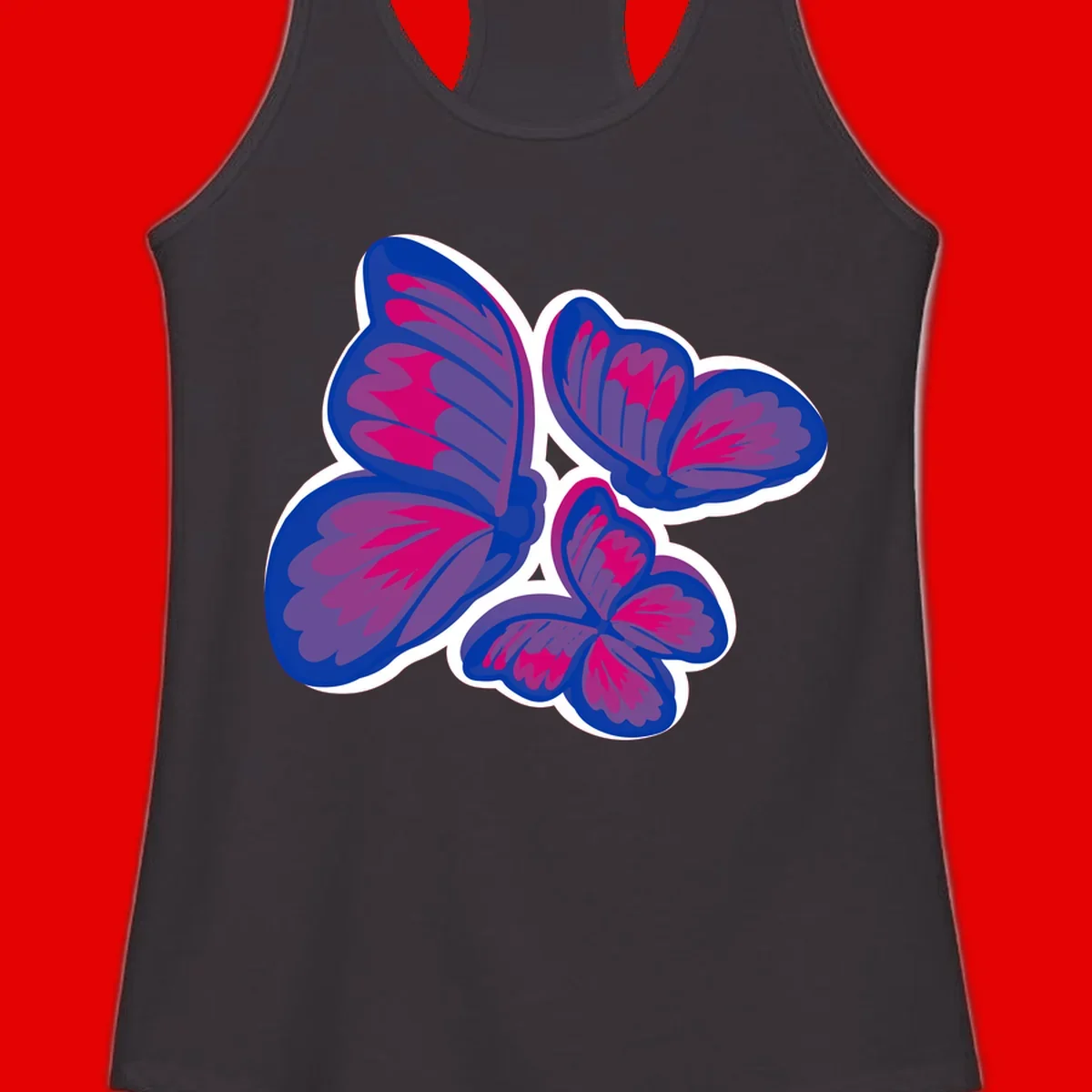 Colorful butterfly sticker design featuring four blue and magenta butterflies with layered wings and gradient shading on gray background