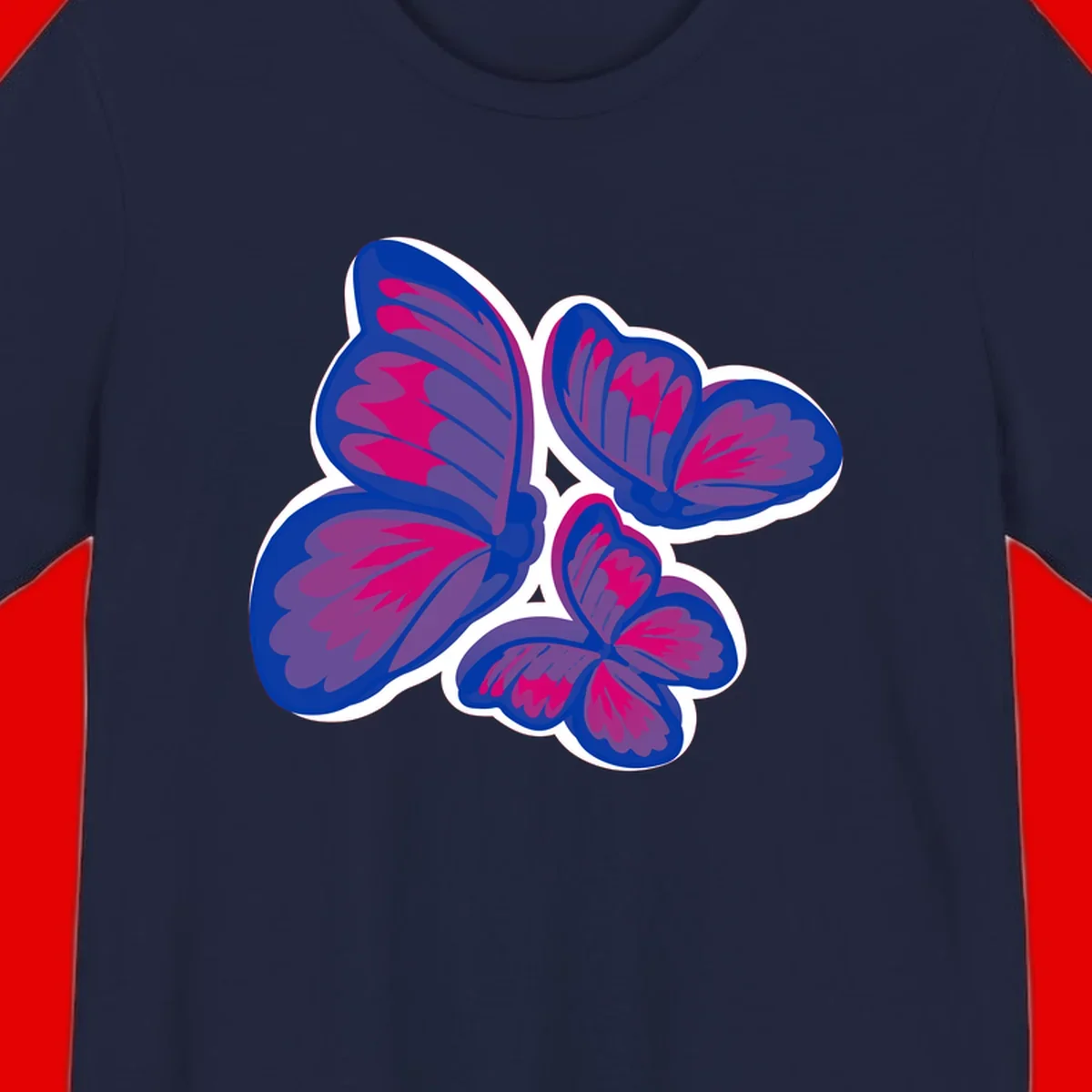 Colorful butterfly sticker design featuring four blue and magenta butterflies with layered wings and gradient shading on gray background