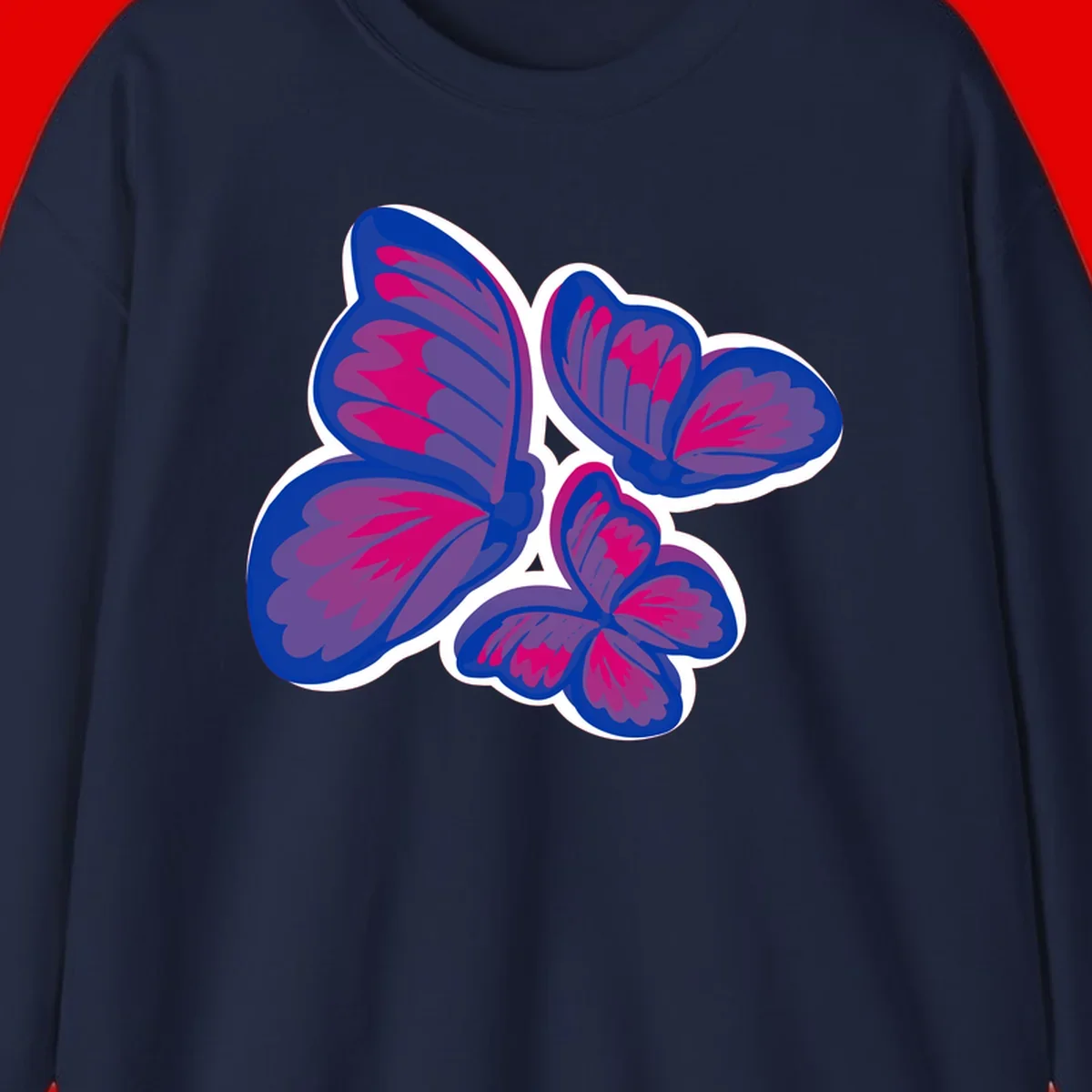 Colorful butterfly sticker design featuring four blue and magenta butterflies with layered wings and gradient shading on gray background