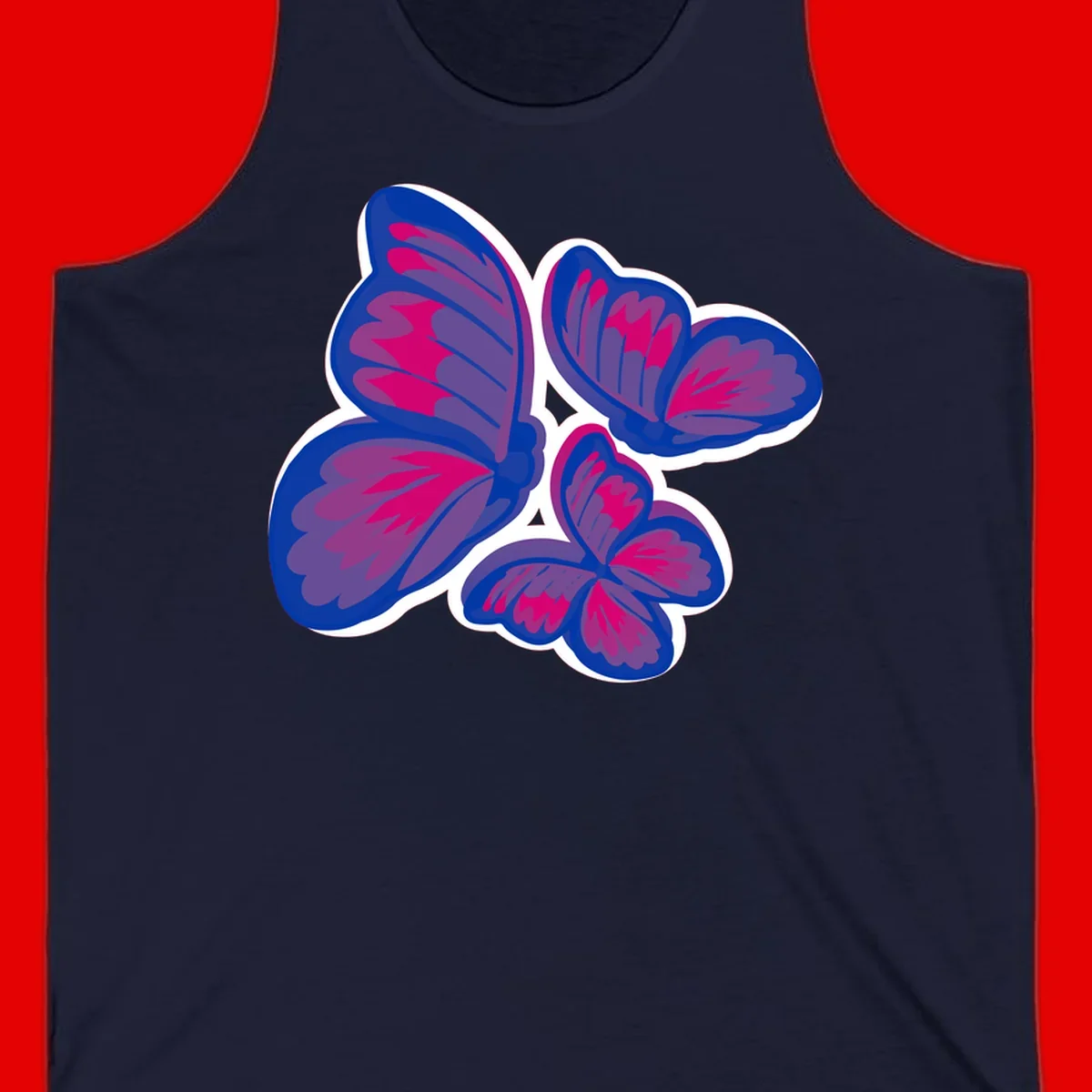 Colorful butterfly sticker design featuring four blue and magenta butterflies with layered wings and gradient shading on gray background