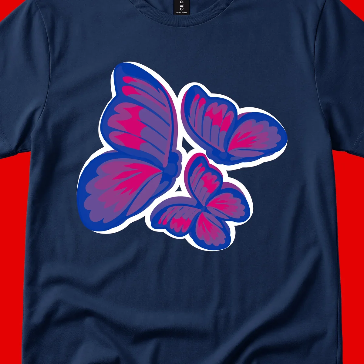 Colorful butterfly sticker design featuring four blue and magenta butterflies with layered wings and gradient shading on gray background