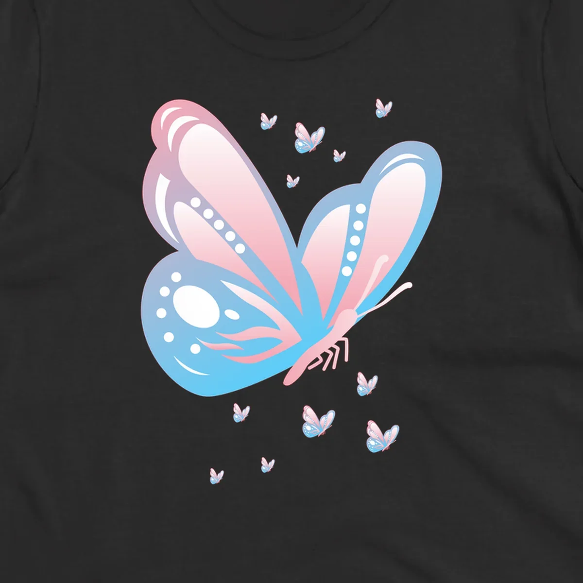 Large butterfly with pink and blue gradient wings featuring white dot details, surrounded by smaller flying butterflies on gray background