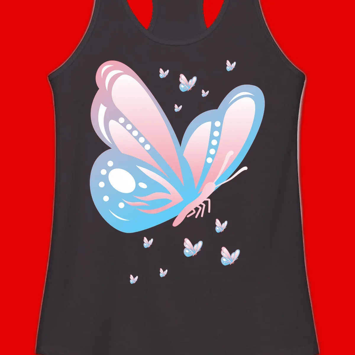 Large butterfly with pink and blue gradient wings featuring white dot details, surrounded by smaller flying butterflies on gray background