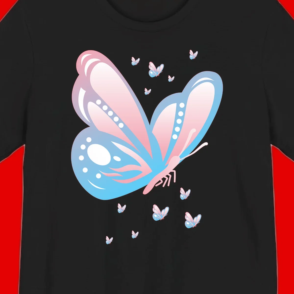 Large butterfly with pink and blue gradient wings featuring white dot details, surrounded by smaller flying butterflies on gray background