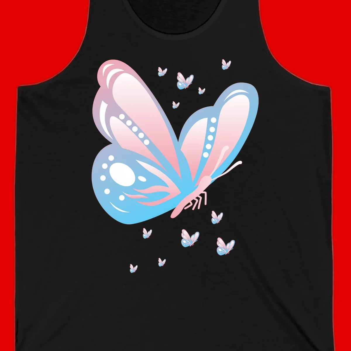 Large butterfly with pink and blue gradient wings featuring white dot details, surrounded by smaller flying butterflies on gray background