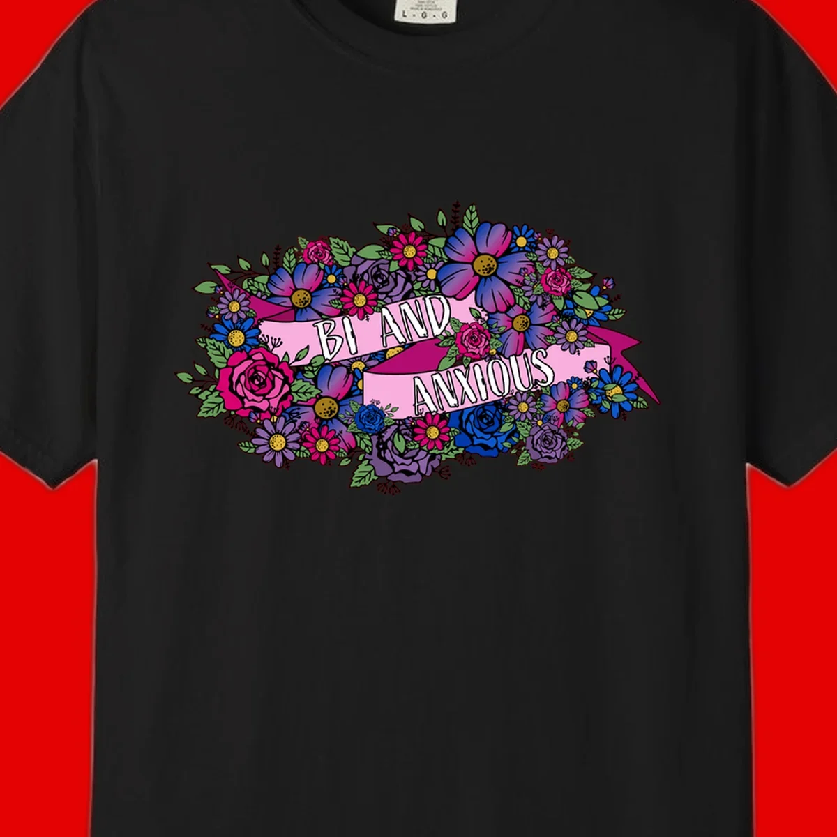 Colorful floral bouquet with pink banner reading 'Bi And Anonymous' featuring magenta roses, purple daisies, and blue flowers on gray background.