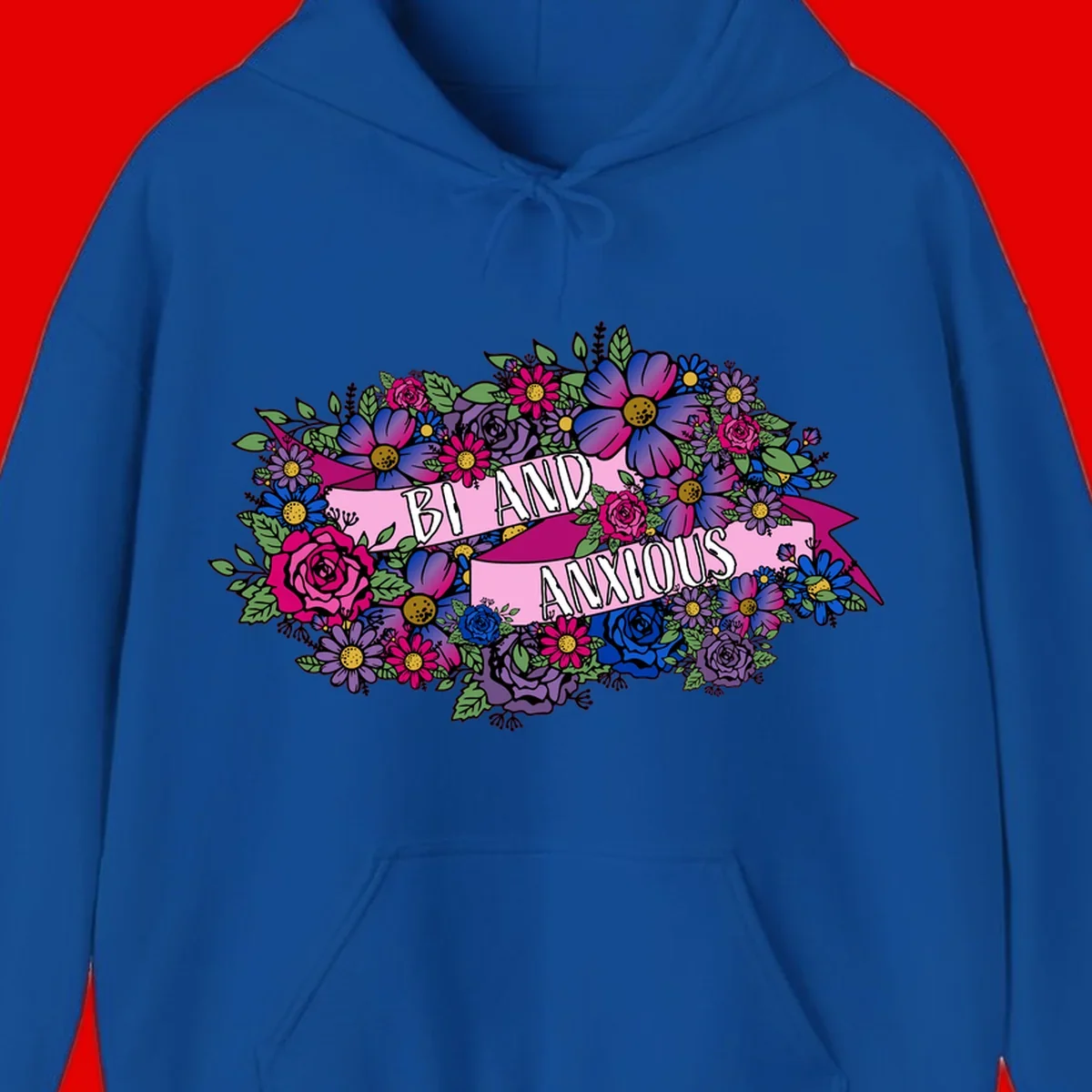 Colorful floral bouquet with pink banner reading 'Bi And Anonymous' featuring magenta roses, purple daisies, and blue flowers on gray background.