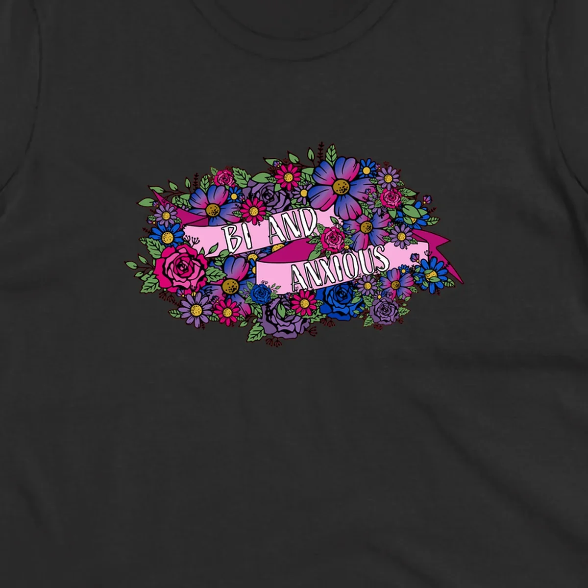 Colorful floral bouquet with pink banner reading 'Bi And Anonymous' featuring magenta roses, purple daisies, and blue flowers on gray background.