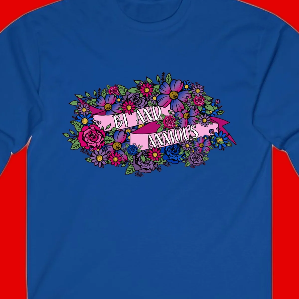 Colorful floral bouquet with pink banner reading 'Bi And Anonymous' featuring magenta roses, purple daisies, and blue flowers on gray background.