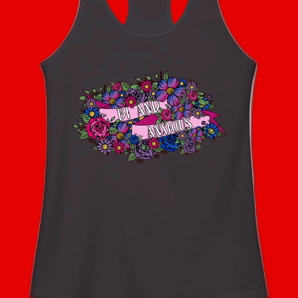 Colorful floral bouquet with pink banner reading 'Bi And Anonymous' featuring magenta roses, purple daisies, and blue flowers on gray background.