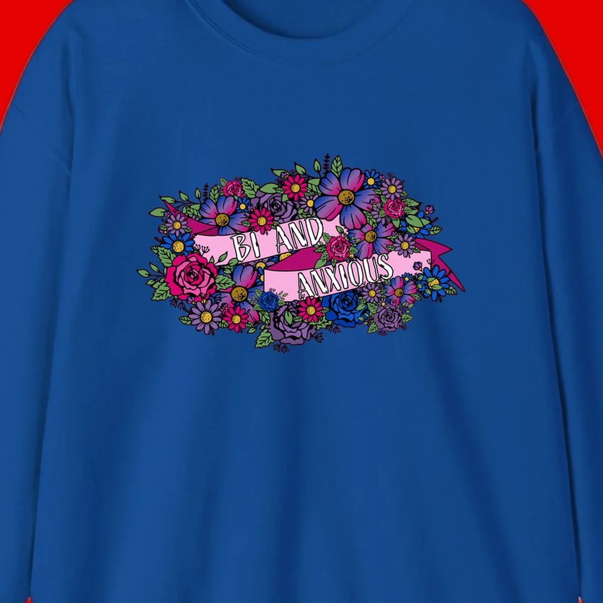 Colorful floral bouquet with pink banner reading 'Bi And Anonymous' featuring magenta roses, purple daisies, and blue flowers on gray background.