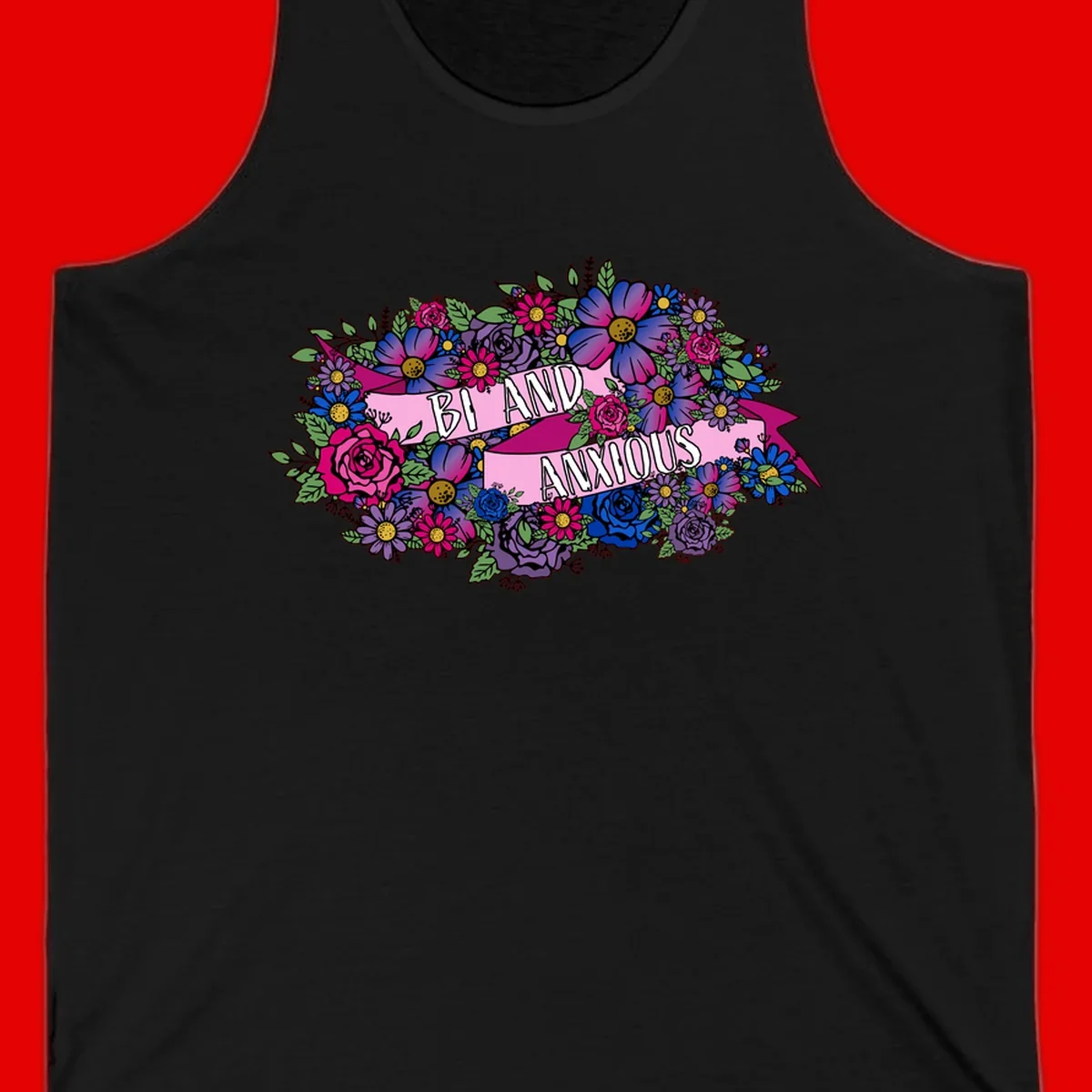 Colorful floral bouquet with pink banner reading 'Bi And Anonymous' featuring magenta roses, purple daisies, and blue flowers on gray background.
