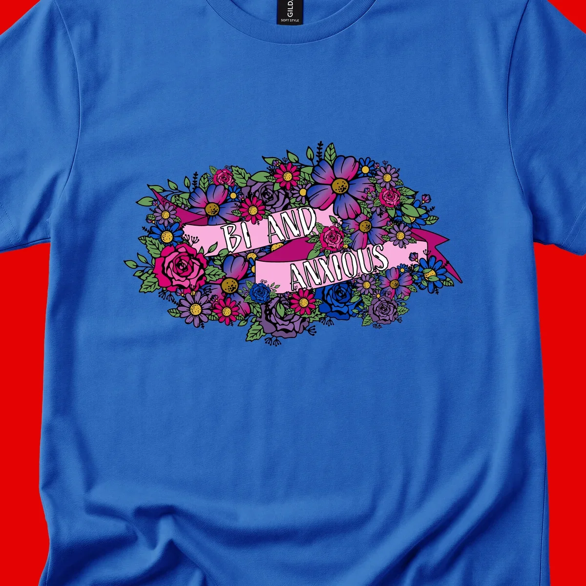 Colorful floral bouquet with pink banner reading 'Bi And Anonymous' featuring magenta roses, purple daisies, and blue flowers on gray background.