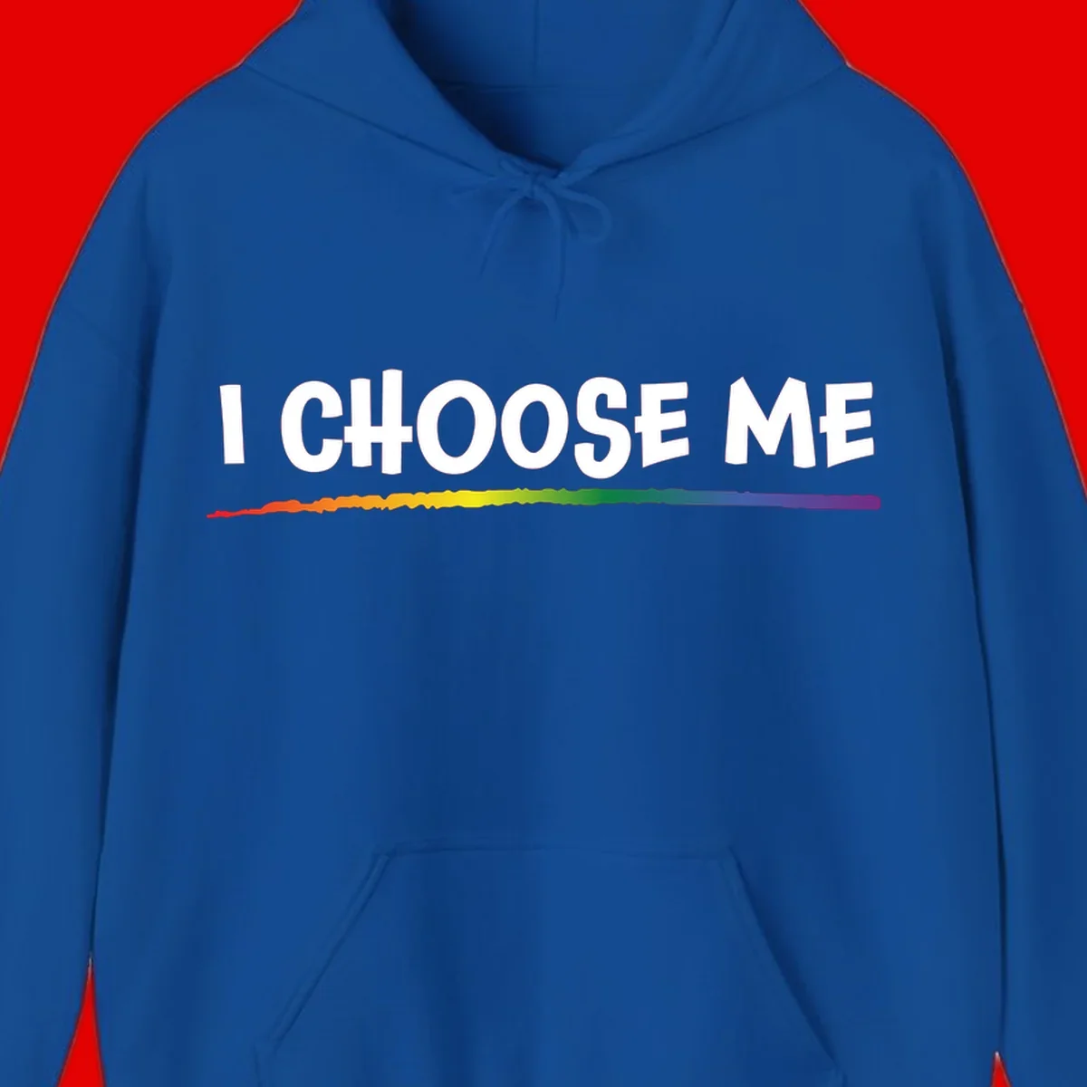 White text 'I Choose Me' above a vibrant rainbow gradient bar with pride flag colors on gray background