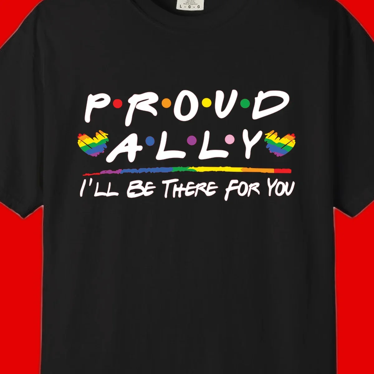 Proud ally support design with white hand-drawn text, rainbow hearts, and striped line on gray background