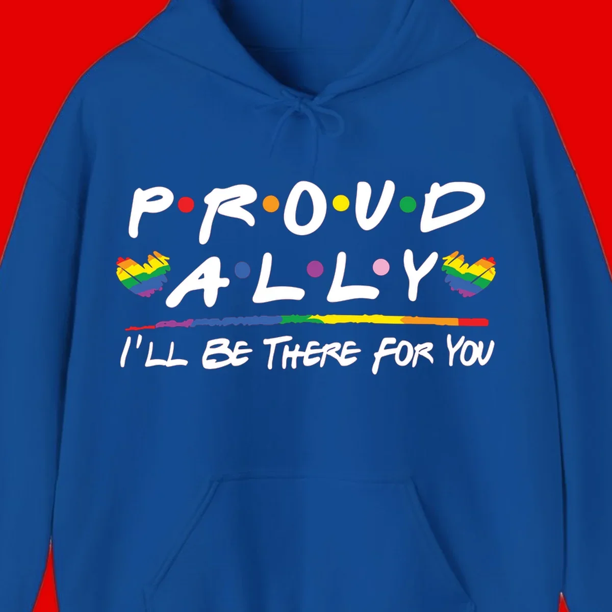 Proud ally support design with white hand-drawn text, rainbow hearts, and striped line on gray background