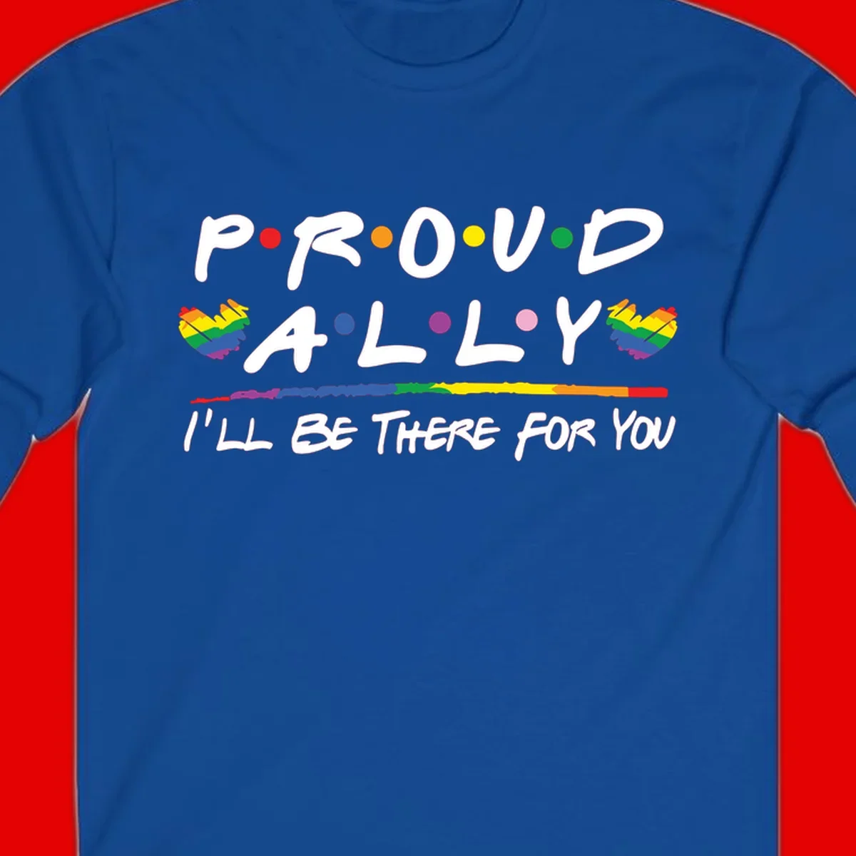 Proud ally support design with white hand-drawn text, rainbow hearts, and striped line on gray background