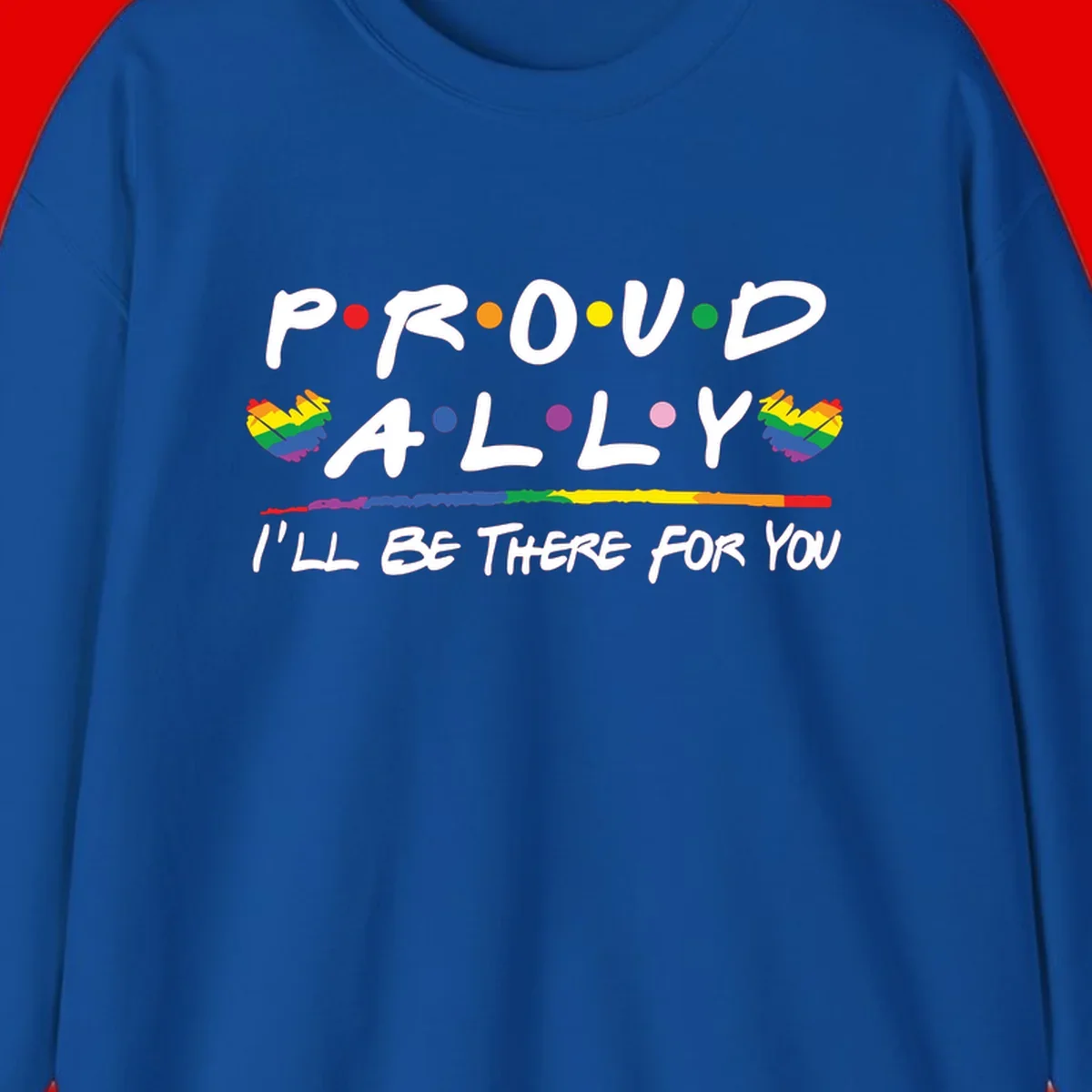 Proud ally support design with white hand-drawn text, rainbow hearts, and striped line on gray background