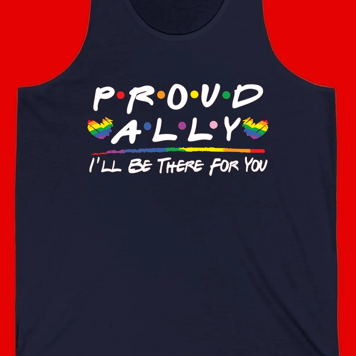 Proud ally support design with white hand-drawn text, rainbow hearts, and striped line on gray background