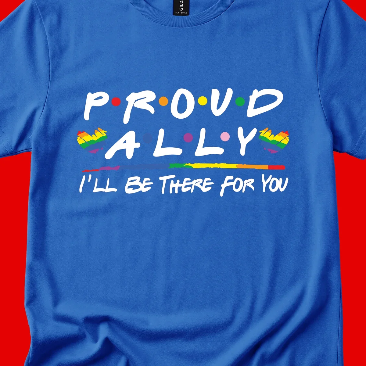 Proud ally support design with white hand-drawn text, rainbow hearts, and striped line on gray background