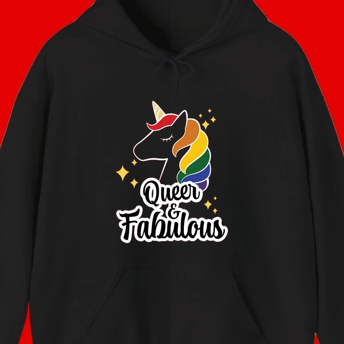 Queen and Fabulous unicorn with rainbow mane and gold horn, surrounded by stars