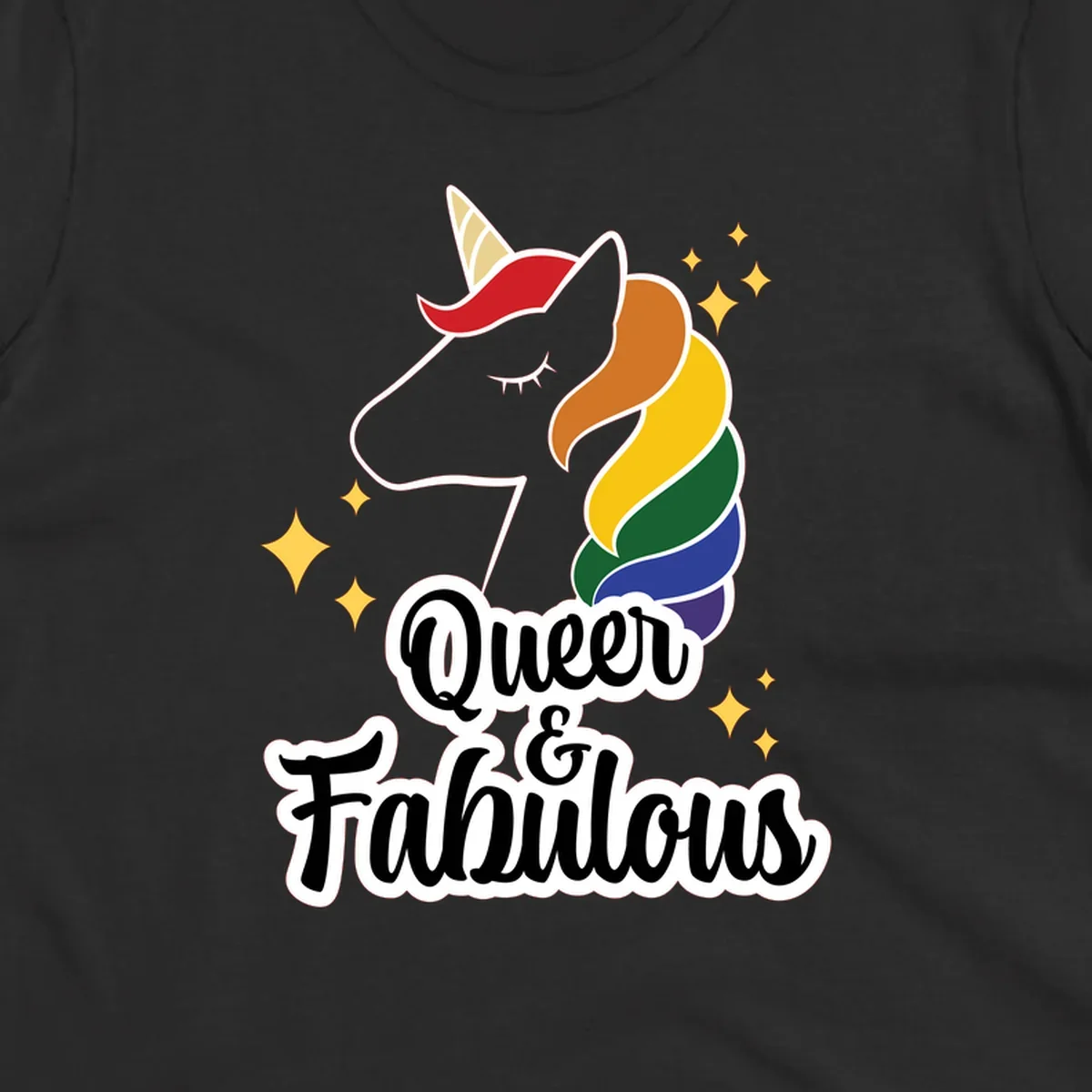 Queen and Fabulous unicorn with rainbow mane and gold horn, surrounded by stars
