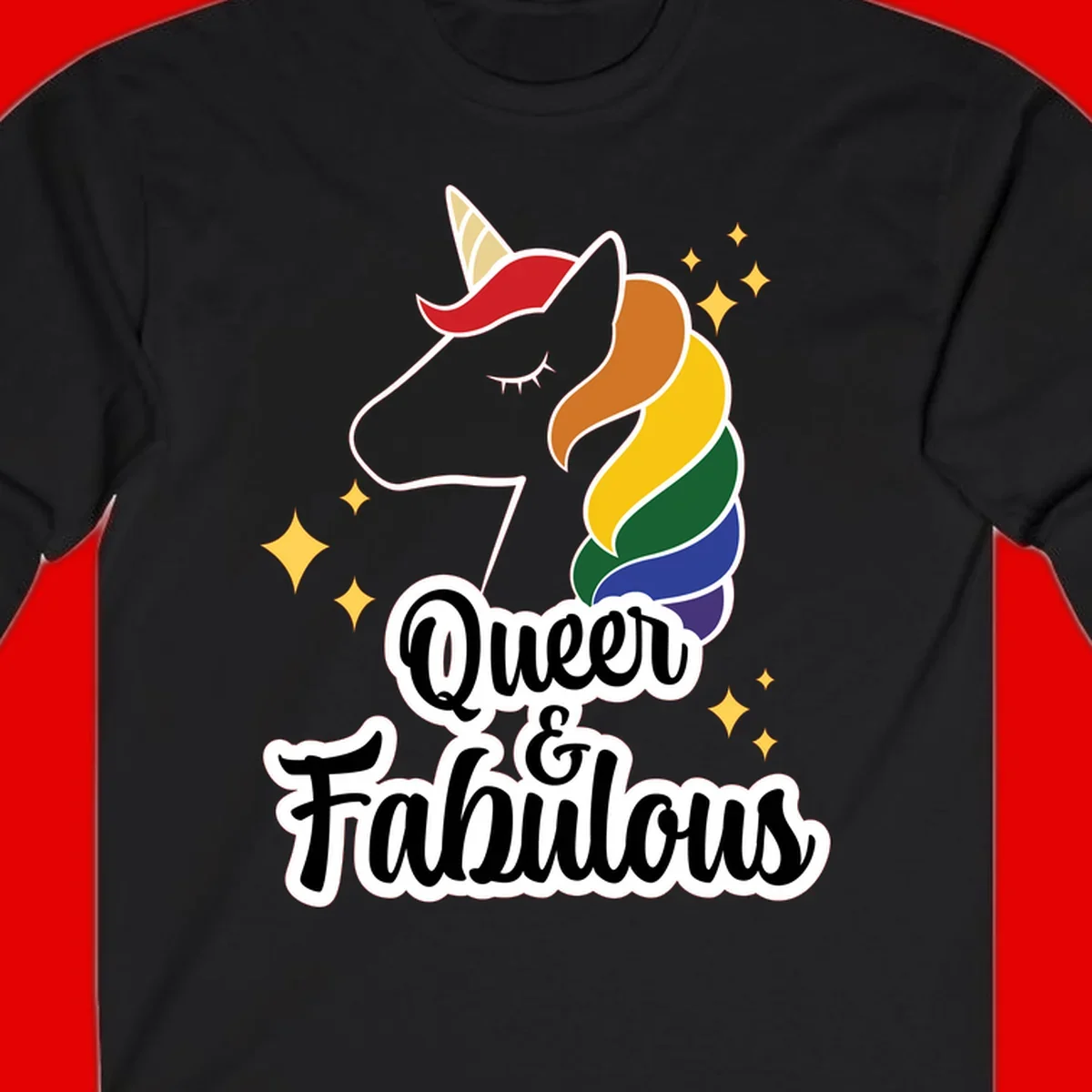 Queen and Fabulous unicorn with rainbow mane and gold horn, surrounded by stars