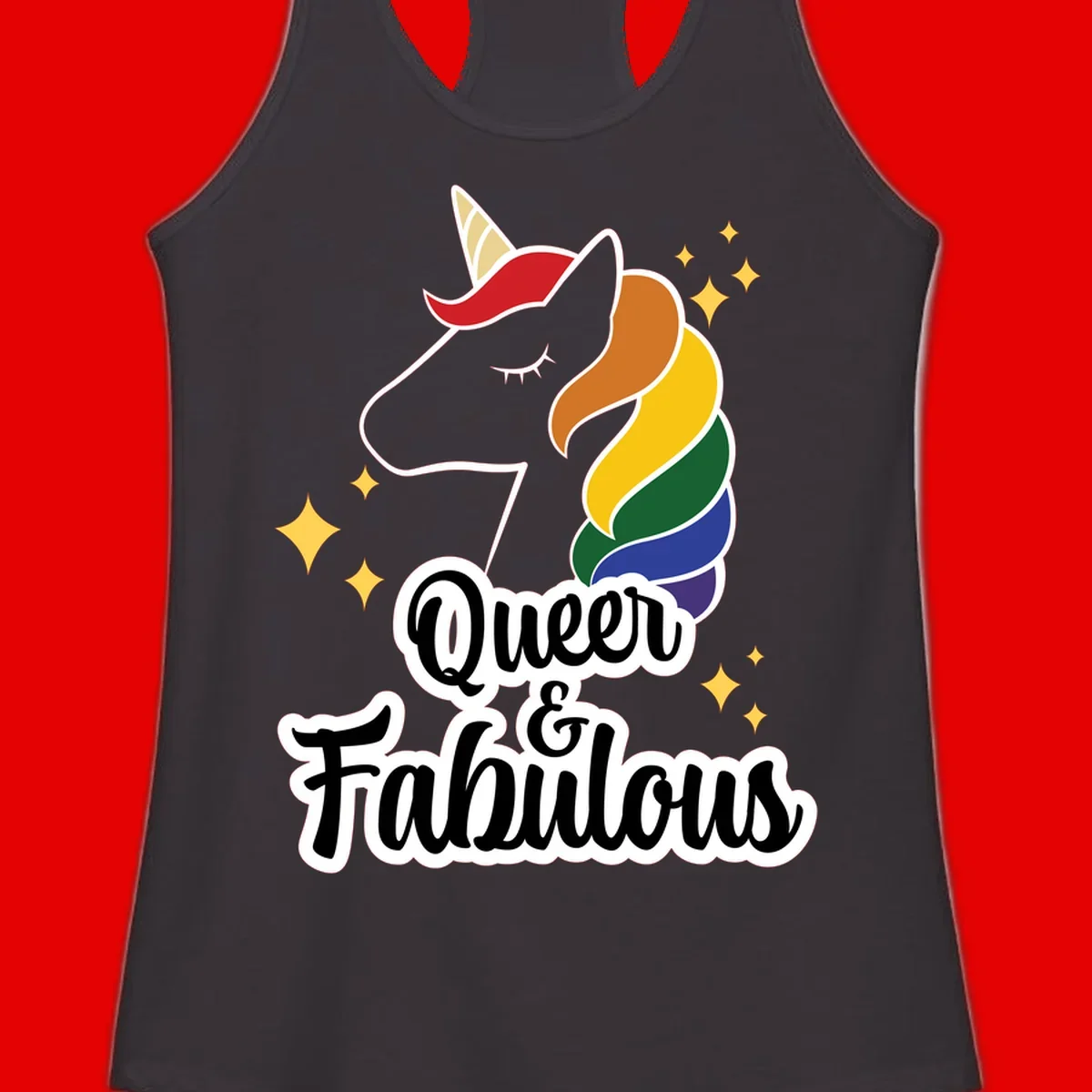 Queen and Fabulous unicorn with rainbow mane and gold horn, surrounded by stars