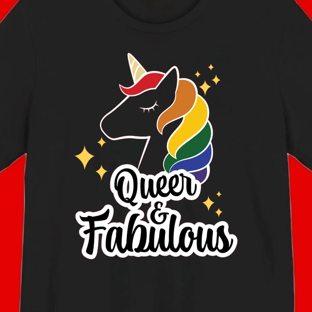 Queen and Fabulous unicorn with rainbow mane and gold horn, surrounded by stars