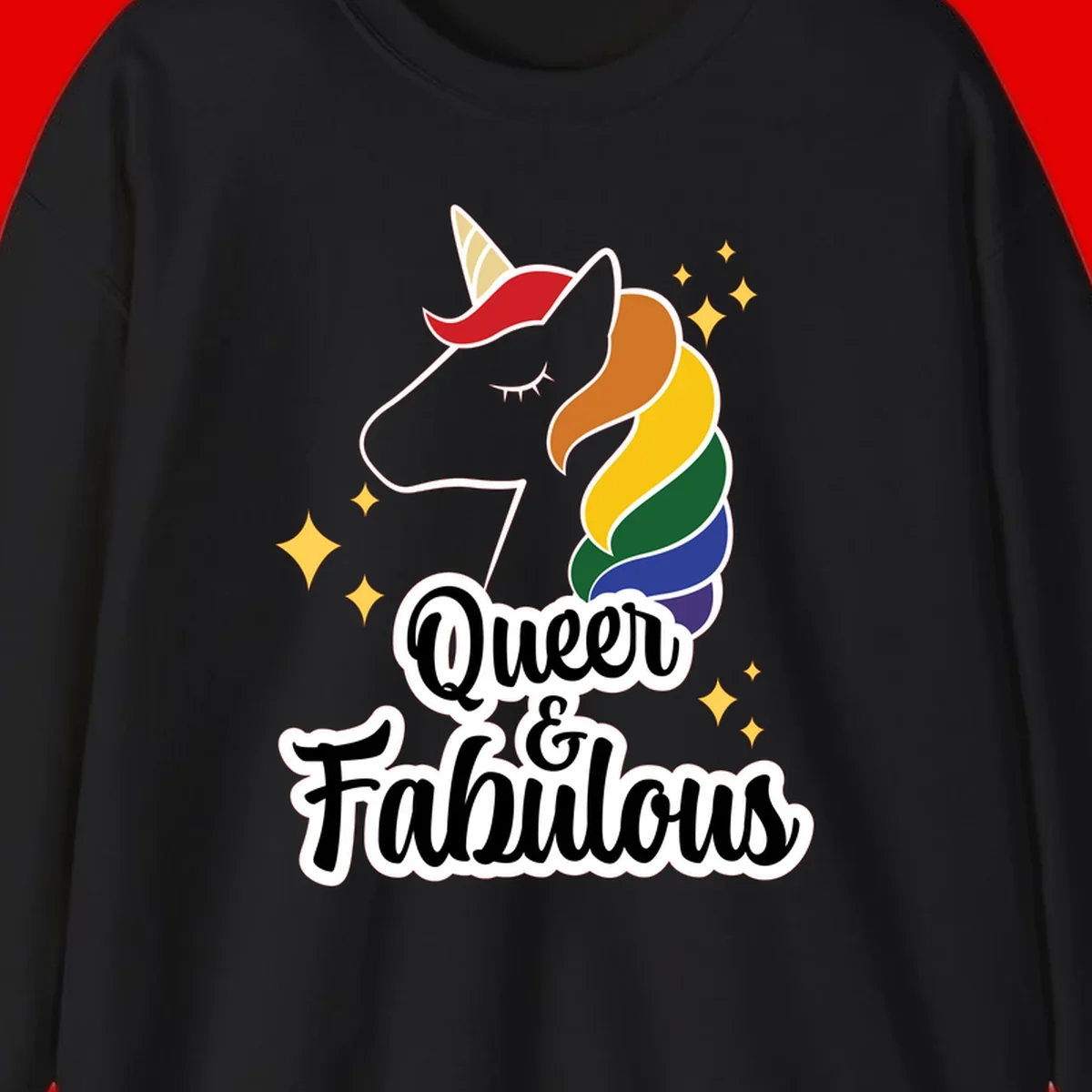 Queen and Fabulous unicorn with rainbow mane and gold horn, surrounded by stars