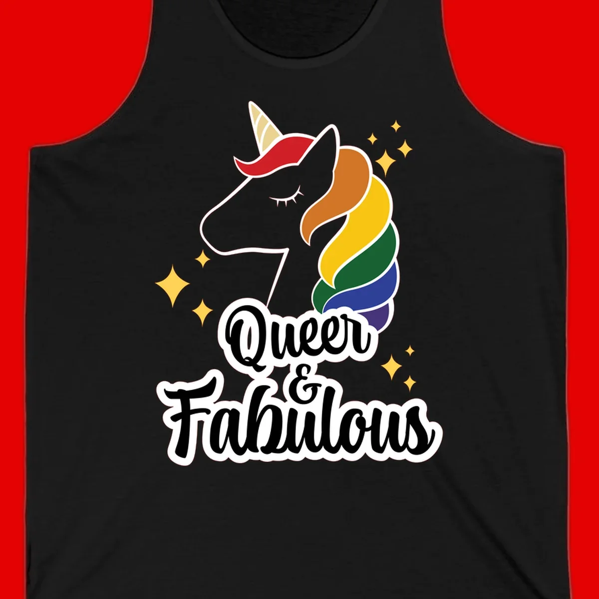 Queen and Fabulous unicorn with rainbow mane and gold horn, surrounded by stars