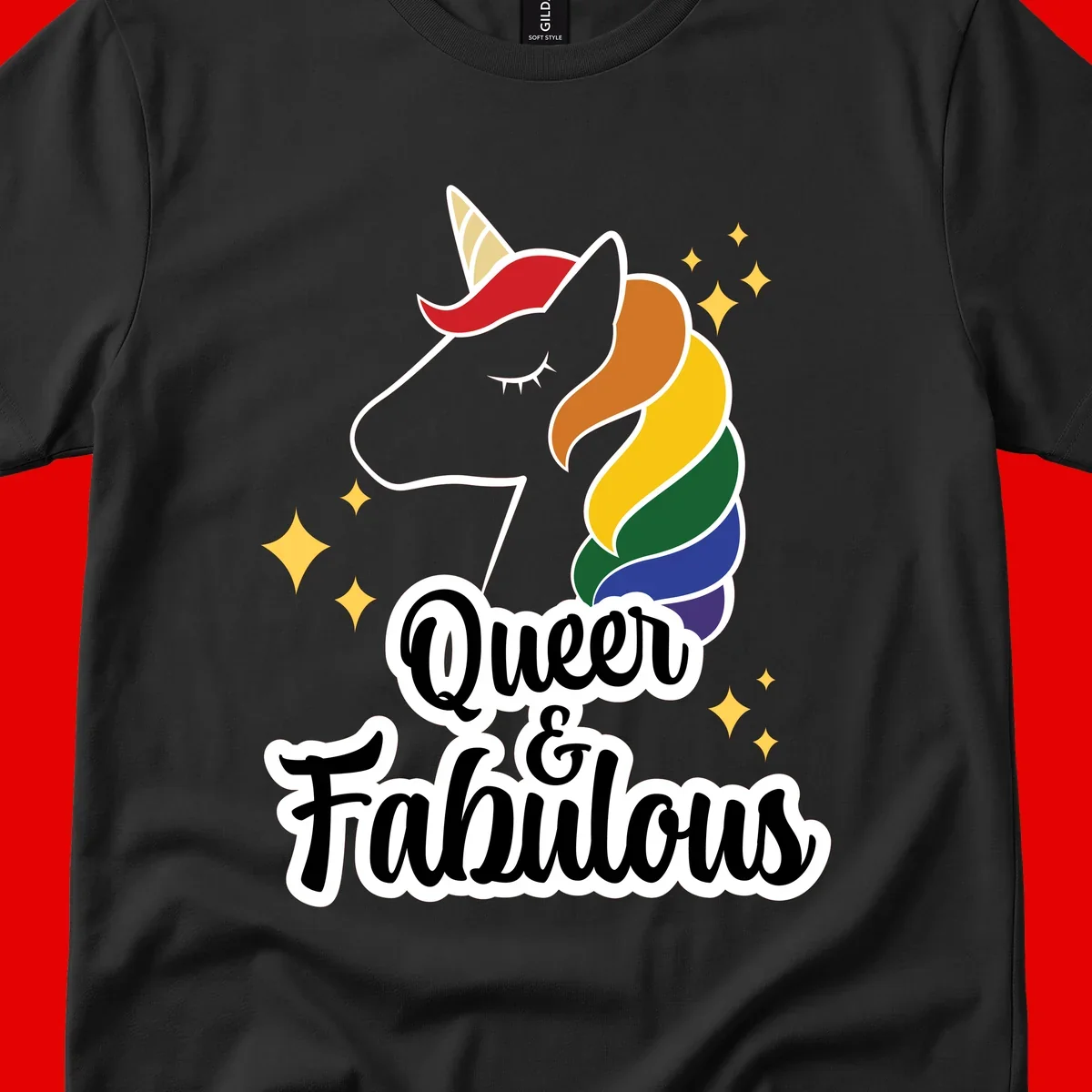 Queen and Fabulous unicorn with rainbow mane and gold horn, surrounded by stars