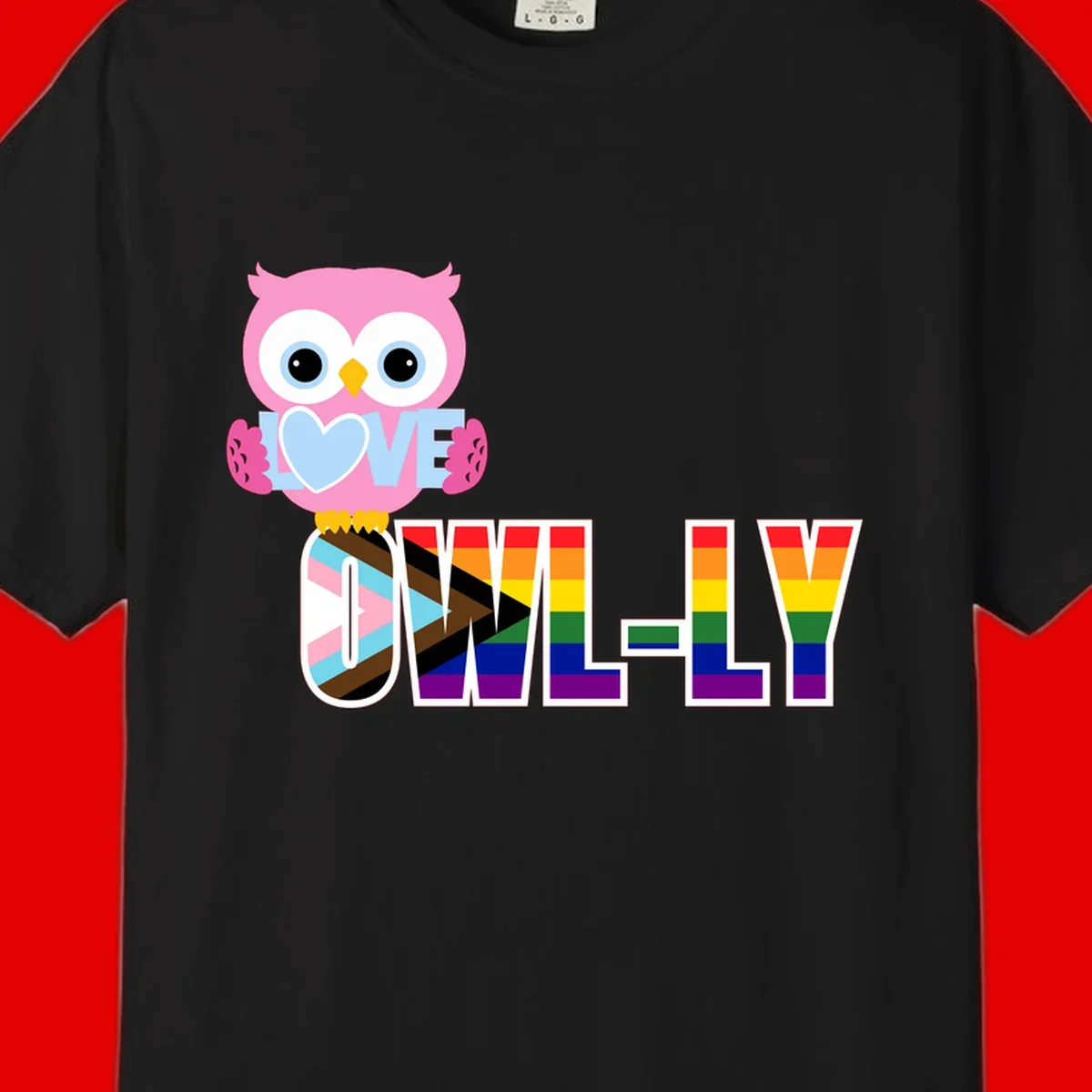 Pink owl holding a blue heart with 'OWELLY' text in rainbow pride flag colors