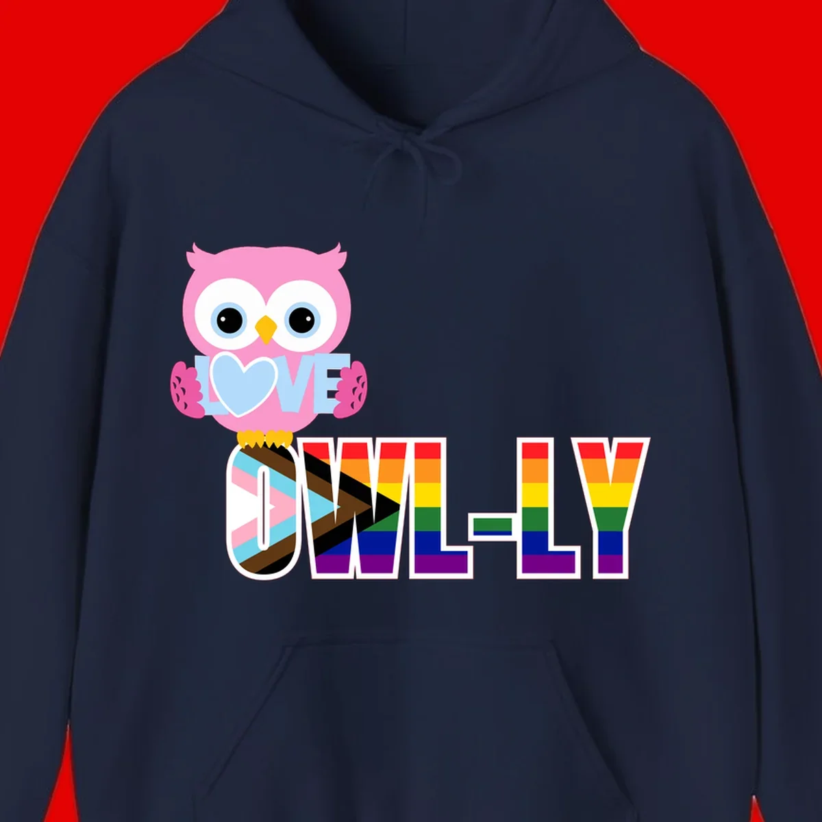 Pink owl holding a blue heart with 'OWELLY' text in rainbow pride flag colors