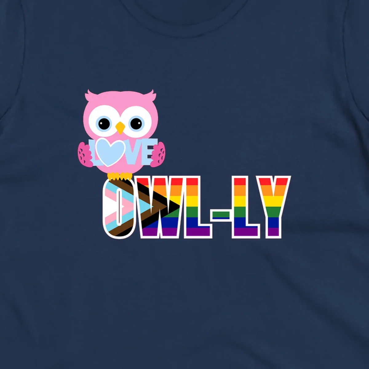 Pink owl holding a blue heart with 'OWELLY' text in rainbow pride flag colors