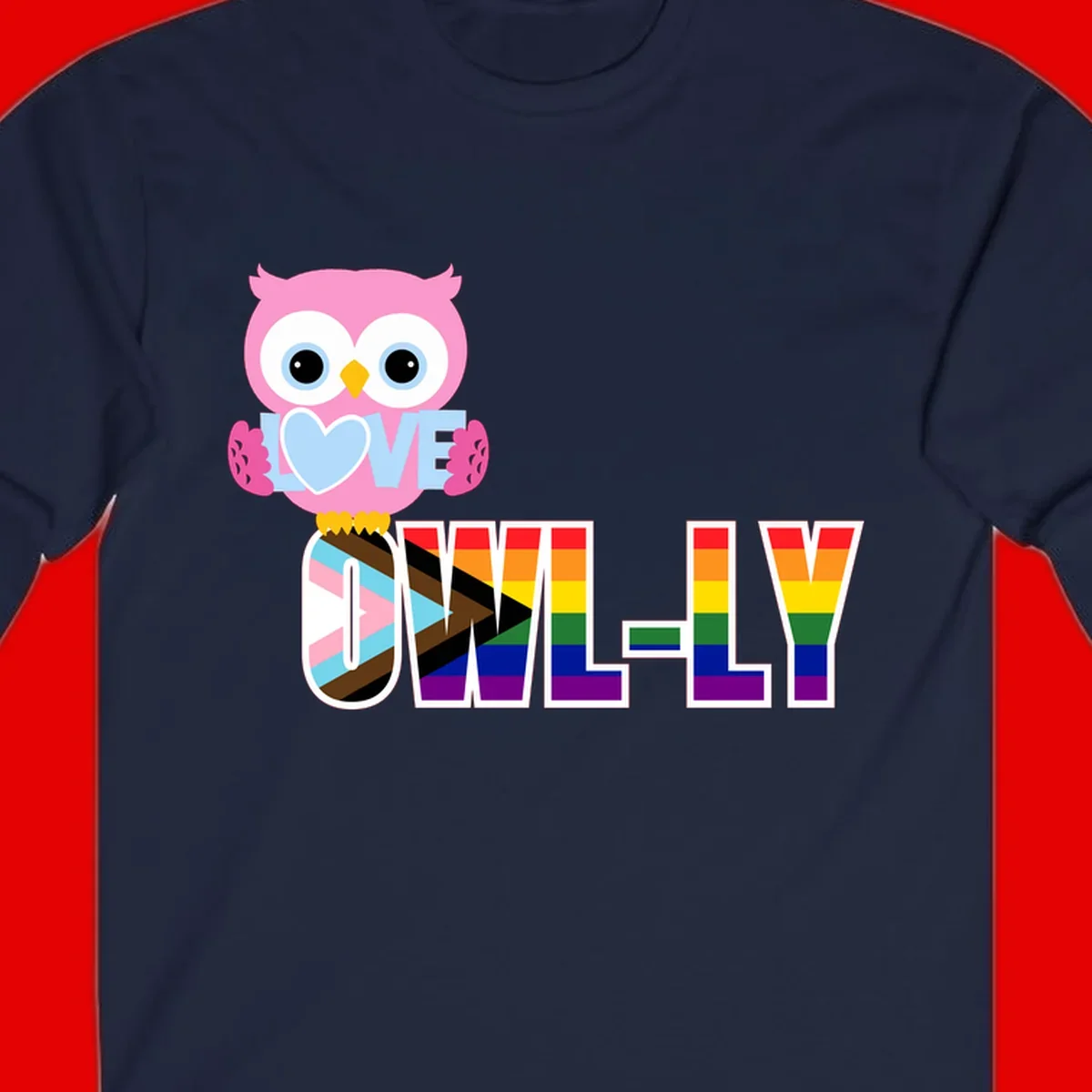 Pink owl holding a blue heart with 'OWELLY' text in rainbow pride flag colors