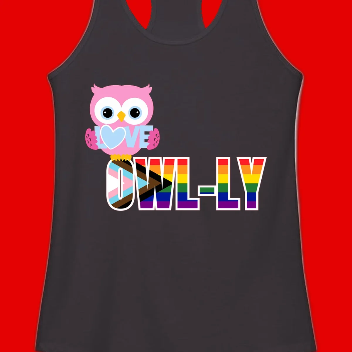 Pink owl holding a blue heart with 'OWELLY' text in rainbow pride flag colors