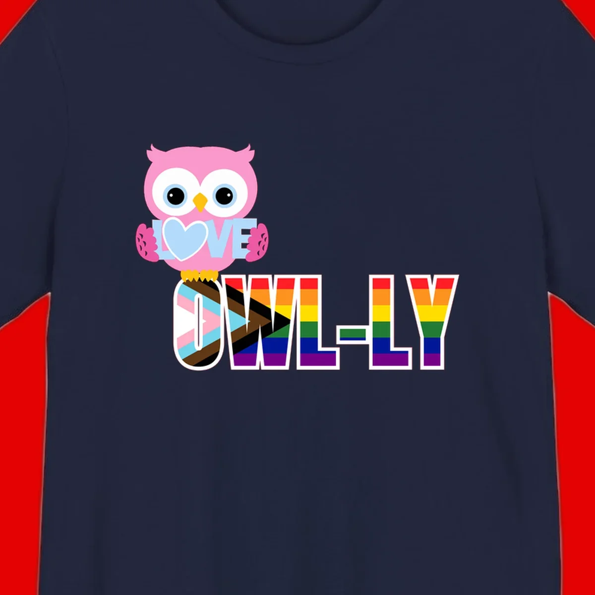 Pink owl holding a blue heart with 'OWELLY' text in rainbow pride flag colors