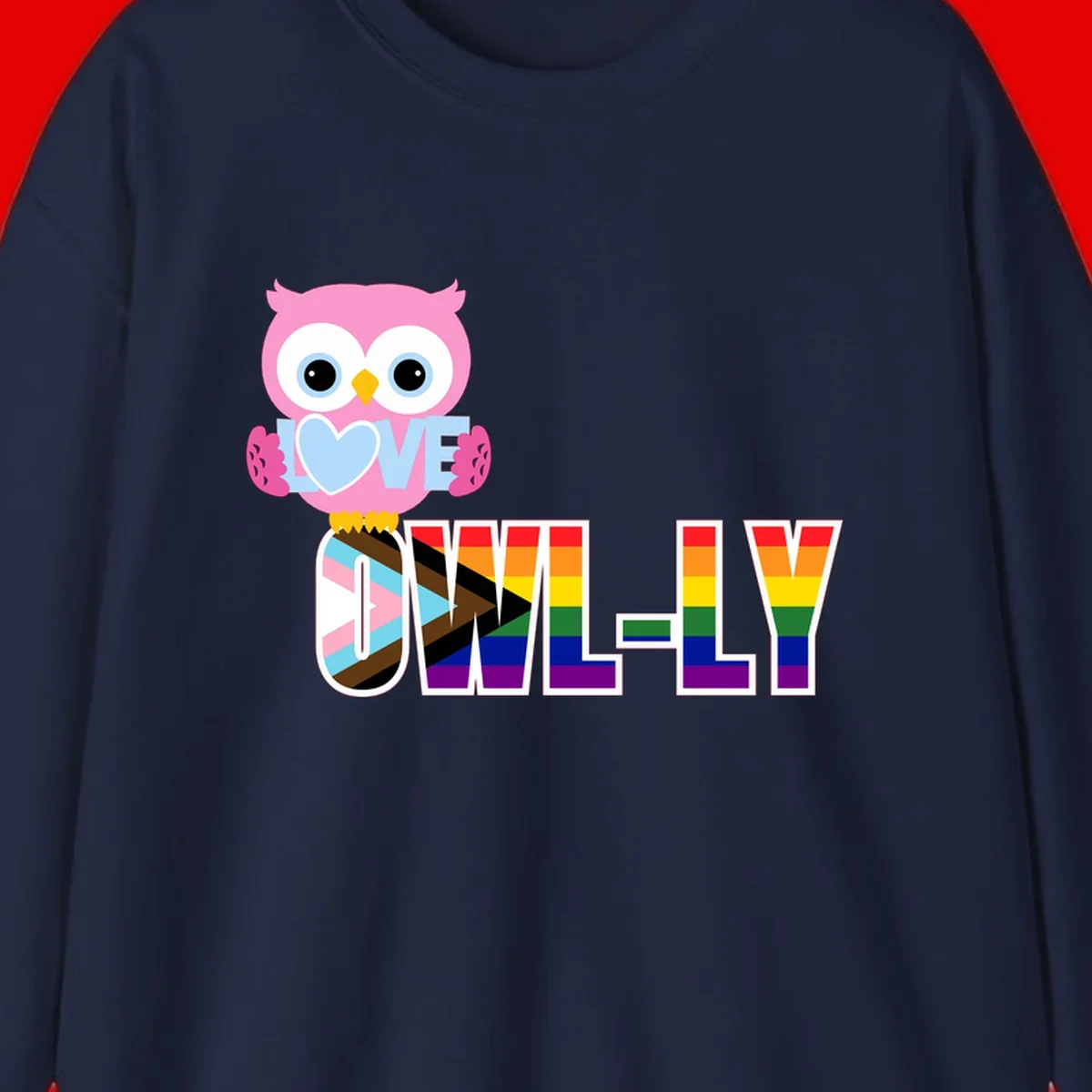 Pink owl holding a blue heart with 'OWELLY' text in rainbow pride flag colors