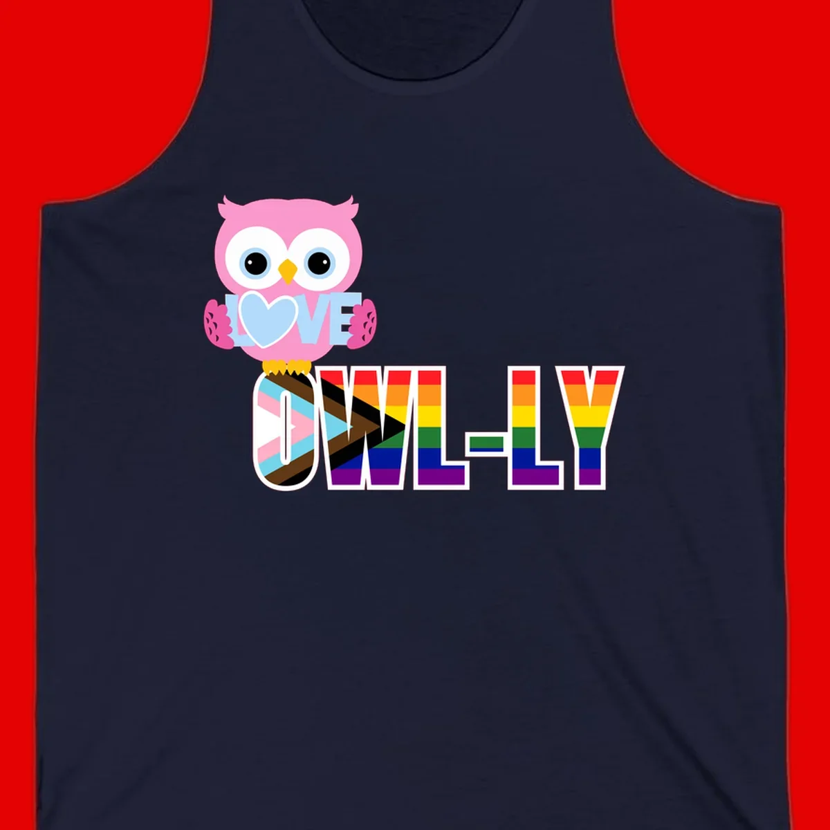 Pink owl holding a blue heart with 'OWELLY' text in rainbow pride flag colors